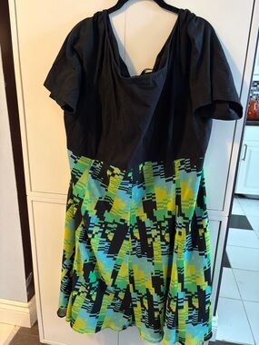 eshakti Black Bodice with Teal and Lime Geometric Midi Dress